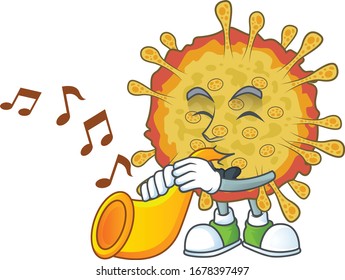 Outbreaks coronavirus cartoon character playing music with a trumpet