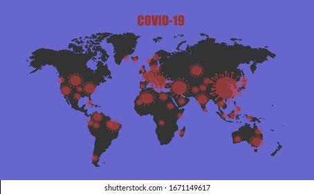 Outbreaks of coronavirus on a world map. The spread of the deadly Covid-19 virus. Pandemic. Vector.
