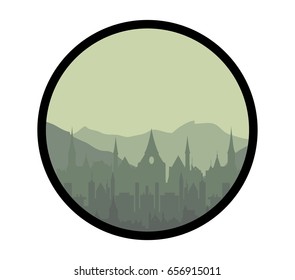 Outcast sky over old town, mountains and hills
vector illustration in circle frame
cityscape, landscape