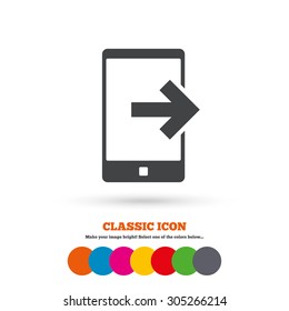 Outcoming call sign icon. Smartphone symbol. Classic flat icon. Colored circles. Vector