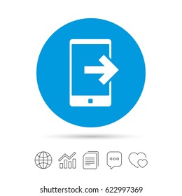 Outcoming call sign icon. Smartphone symbol. Copy files, chat speech bubble and chart web icons. Vector