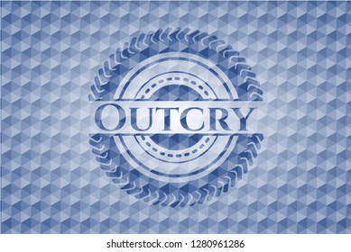 Outcry blue emblem with geometric pattern background.