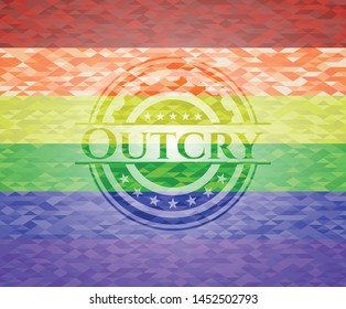 Outcry emblem on mosaic background with the colors of the LGBT flag