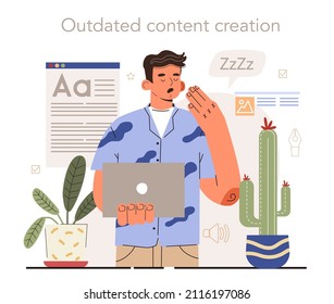 Outdated content creation. Content manager guidance. Content creation mistake. Digital promotion strategy and content production. Flat vector illustration