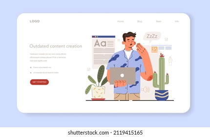 Outdated content creation web banner or landing page. Content manager guidance. Content creation mistake. Digital promotion strategy and content production. Flat vector illustration