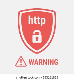 Outdated and dangerous HTTP protocol. Alert to switch to HTTPS. Safe and Secure Web sites on the Internet. Open padlock on a red shield. Material Design icon. Vector illustration.