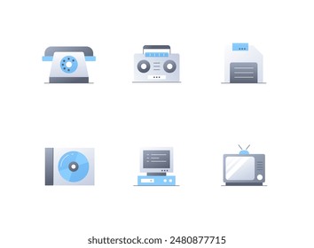 Dispositivos electrónicos obsoletos - conjunto de iconos de estilo de diseño plano. Imágenes coloridas de alta calidad del teléfono del marcador rotativo, boombox, disquete y CD, monitor de la computadora y unidad del sistema, TV con kinescope