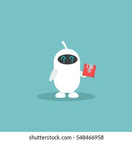 Outdated technology concept. Small white robot has no idea what to do with the floppy disk / flat editable vector illustration