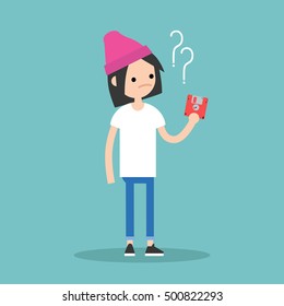 Outdated technology concept. Young girl has no idea what to do with the floppy disk / flat editable vector illustration