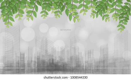 Outdoor abstract background of wireframe perspective rendering with green leaves and light blurred bokeh background. Vector illustration.