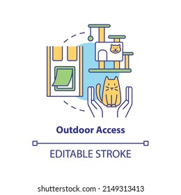 Outdoor access concept icon. Bringing new cat home tip abstract idea thin line illustration. Promoting natural behavior. Isolated outline drawing. Editable stroke. Arial, Myriad Pro-Bold fonts used