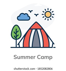 An outdoor accommodation, summer camp flat icon