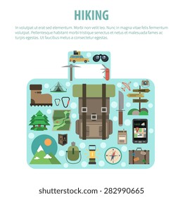 Outdoor active hiking vacation tours advertisement flat icons composition in suitcase luggage shape banner abstract vector illustration