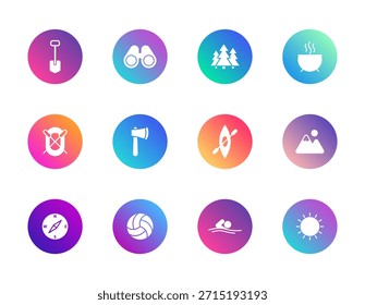 Outdoor-Aktivitäten, Camping, Erholung. Vektorgrafik mit 12 runden Farbverlaufssymbolen mit Kajak, Kompass, Sonne und Bäumen für Natur, Sport und Abenteuer-UI-Design.