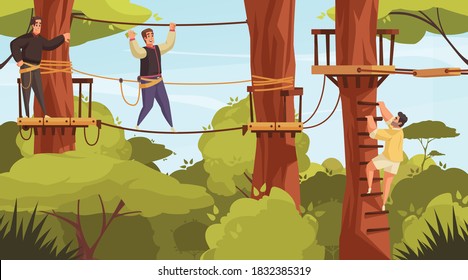 Outdoor Activities Composition With Forest Landscape And View Of Ropes Course With Tree Stairs And People Vector Illustration