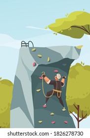 Outdoor activities composition with open air daylight scenery with trees and training rock with climbing human vector illustration