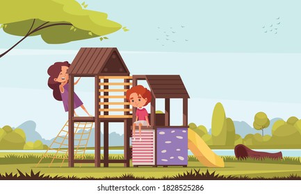 Outdoor activities composition of park landscape with river trees and characters of kids on childrens playground vector illustration