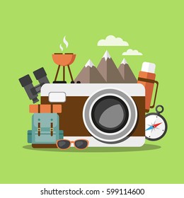 Outdoor activities concept. Composition about  hiking and camping accessories. Vector illustration.