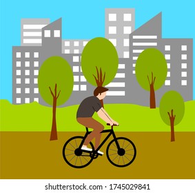 Outdoor activities concept. Man ride a bicycle in the park. Flat vector illustration.