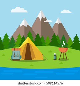 Outdoor activities concept. Nature background with grass, forest, mountains and lake. Vector illustration.