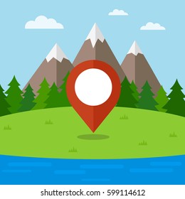 Outdoor activities concept. Nature background with grass, forest, mountains and lake. Vector illustration.