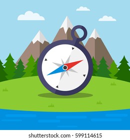 Outdoor activities concept. Nature background with grass, forest, mountains and lake. Vector illustration.