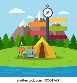 Outdoor activities concept. Nature background with grass, forest, mountains and lake. Vector illustration.