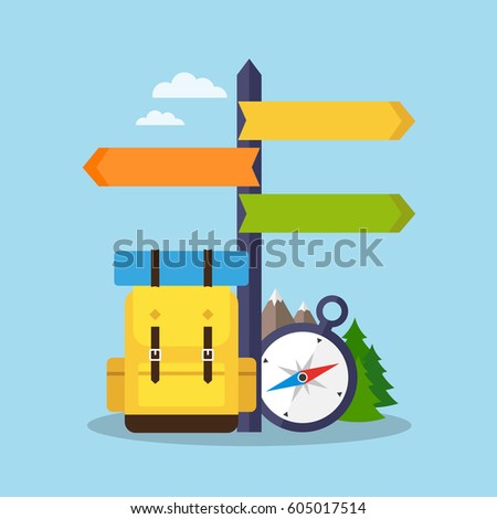 Outdoor activities concept. Signpost with compass and backpack. Vector illustration.