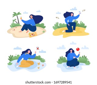 Outdoor activities concept vector illustration SET in modern flat style. Female character sitting on the lawn in the park