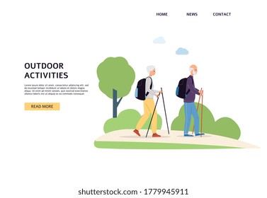 Outdoor activities for elderly people website banner with cartoon characters of senior couple exercising in park, flat vector illustration on white background.