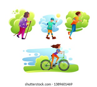Outdoor activities flat illustrations set. Healthy lifestyle. Girl riding bicycle. Senior woman nordic walking. Boy roller skating. Young man jogging. People doing sports isolated scrapbook cliparts