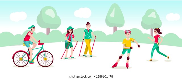 Outdoor activities flat illustrations set. Healthy lifestyle. Bou riding bicycle. Senior woman nordic walking. Boy roller skating. Young woman jogging. People doing sports isolated scrapbook cliparts