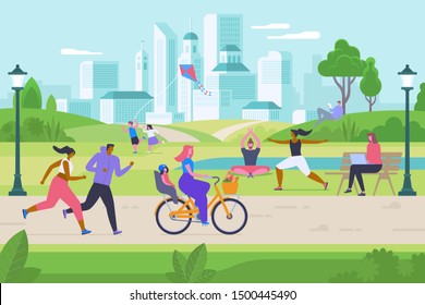 Outdoor activities flat vector illustration. Happy men, women and kids in city park cartoon characters. Children playing with kite, people do fitness and yoga. Jogging, cycling and internet surfing