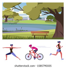 Outdoor activities flat vector illustration set. People riding bike, doing yoga, jogging in city park. Active lifestyle concept