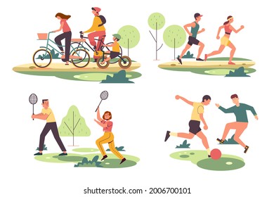 Outdoor activities flat vector illustrations set. Happy childhood, active recreation. Happy parents and children cartoon characters pack. Outdoor games, football, roller skating, jogging and cycling.