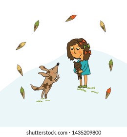 Outdoor activities. Girl with dog. Cartoon colorful vector illustration. For background, greeting cards, design, children's style.