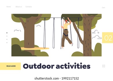 Outdoor activities: girl enjoy climbing in adventure rope park. Young female has fun in extreme park high on zip between trees. Flat vector illustration