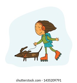 Outdoor activities. Girl on roller skates with a dog. Cartoon colorful vector illustration. For background, postcards, design, children's style.