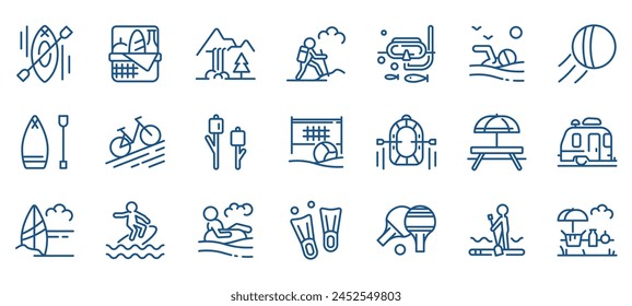 Outdoor Activities Icon Set: Camping, Hiking, Rafting, Diving, and Beach Sports. Features Icons for Mountain Treks, Wildlife Viewing, and Summer Travel. Editable Linear Vector Nature Collection