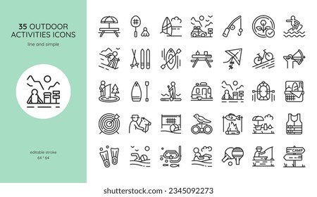 Outdoor Activities Icon Set. Picnic, Camping, Surfing, Skiing, Rafting, Archery, SUP, Horse Riding, Fishing, Shooting, Hunting, Swimming, and More. Editable Vector Summer and Winter Signs Collection.