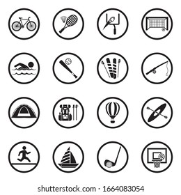 Iconos de actividades al aire libre. Diseño Plano Negro En Círculo. Ilustración vectorial.