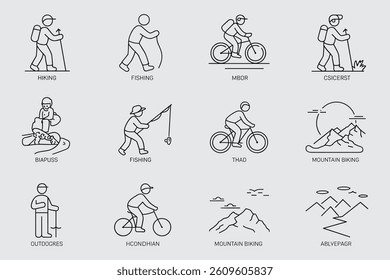 Outdoor Activities Icons Set Line Art Design Hiking Fishing Mountain Biking