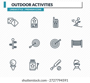 Conjunto de iconos de actividades al aire libre: juego de mesa, mochilas, walkie talkies, red de voleibol, colección de Vector de contorno de barbacoa.