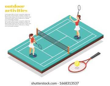 Outdoor activities isometric background with two young girls in swimsuit playing tennis on court vector illustration