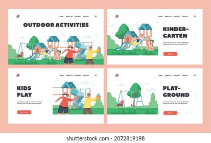 Outdoor Activities Landing Page Template Set. Happy Children Playing, Boys and Girls Fun on Playground. Characters Run, Climbing and Swing, Kids Having Active Games. Cartoon People Vector Illustration