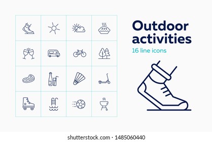 Outdoor activities line icon set. Bike, barbeque, hiking, sun. Finance concept. Can be used for topics like sport, leisure, active lifestyle, picnic
