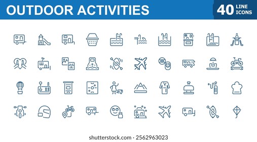 Outdoor Activities linear icon collection. Minimalist contains related to summer, fire, ship, backpack, party, slipper, fish, activity. Thin outline icons pack. Editable vector illustration.