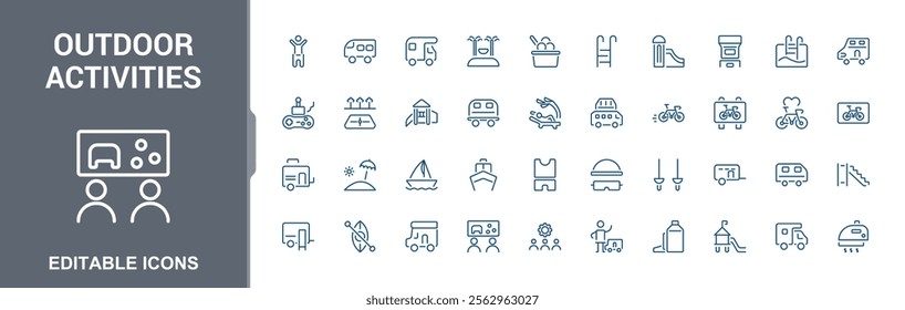 Outdoor Activities linear icon collection. Minimalist contains related to summer, fire, ship, backpack, party, slipper, fish, activity. Thin outline icons pack. Editable vector illustration.