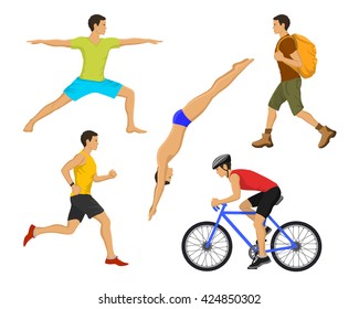 Outdoor Activities for Man. Healthy Active Lifestyle. Man Swimming, Trekking, Running, Jogging, Cycling, Doing Yoga