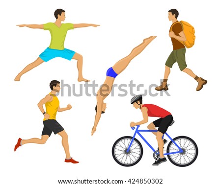Outdoor Activities for Man. Healthy Active Lifestyle. Man Swimming, Trekking, Running, Jogging, Cycling, Doing Yoga